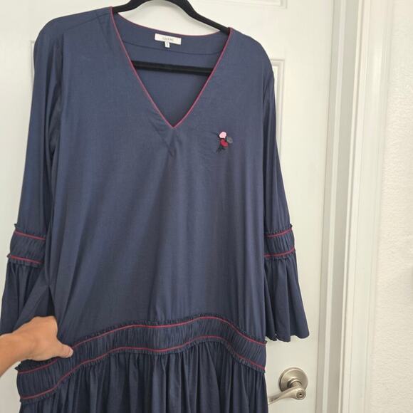 GANNI Navy Blue Poplin Midi Dress M Ruffle Embroidered Boho Luxury Minimalist - Picture 6 of 15